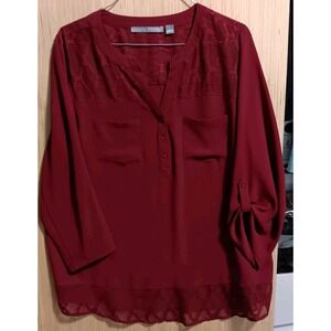 Valerie Stevens L Burgundy Long Roll Tab Sleeve Blouse Faux Layered Look Pockets